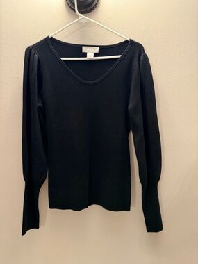 Rachel Parcell Black Puff Shoulder Long Sleeve Knit Sweater Top V-Neck Size S